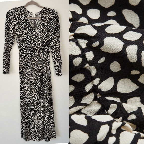 H&M Maxi Dress Animal Print Long Sleeve Slit V Neck Ruched Black Tan Crepe Sz S - Picture 1 of 13